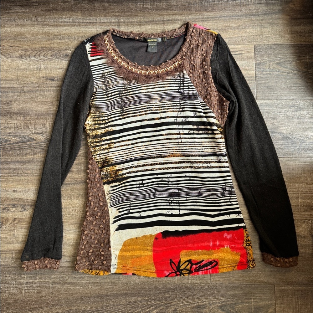 Radzoli Artistic Black and Brown Mesh Y2K Euro Long Sleeve Top